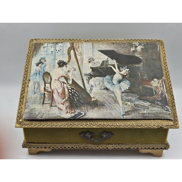 Vtg L. Gamber Twinkle Toes Jewelry Music Box Green Velvet Footed Ballerina Wood